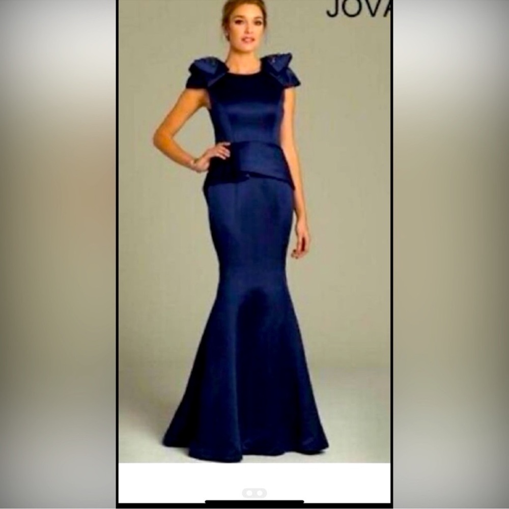 Jovani Navy Blue Prom Dress with Ruffle Shoulders